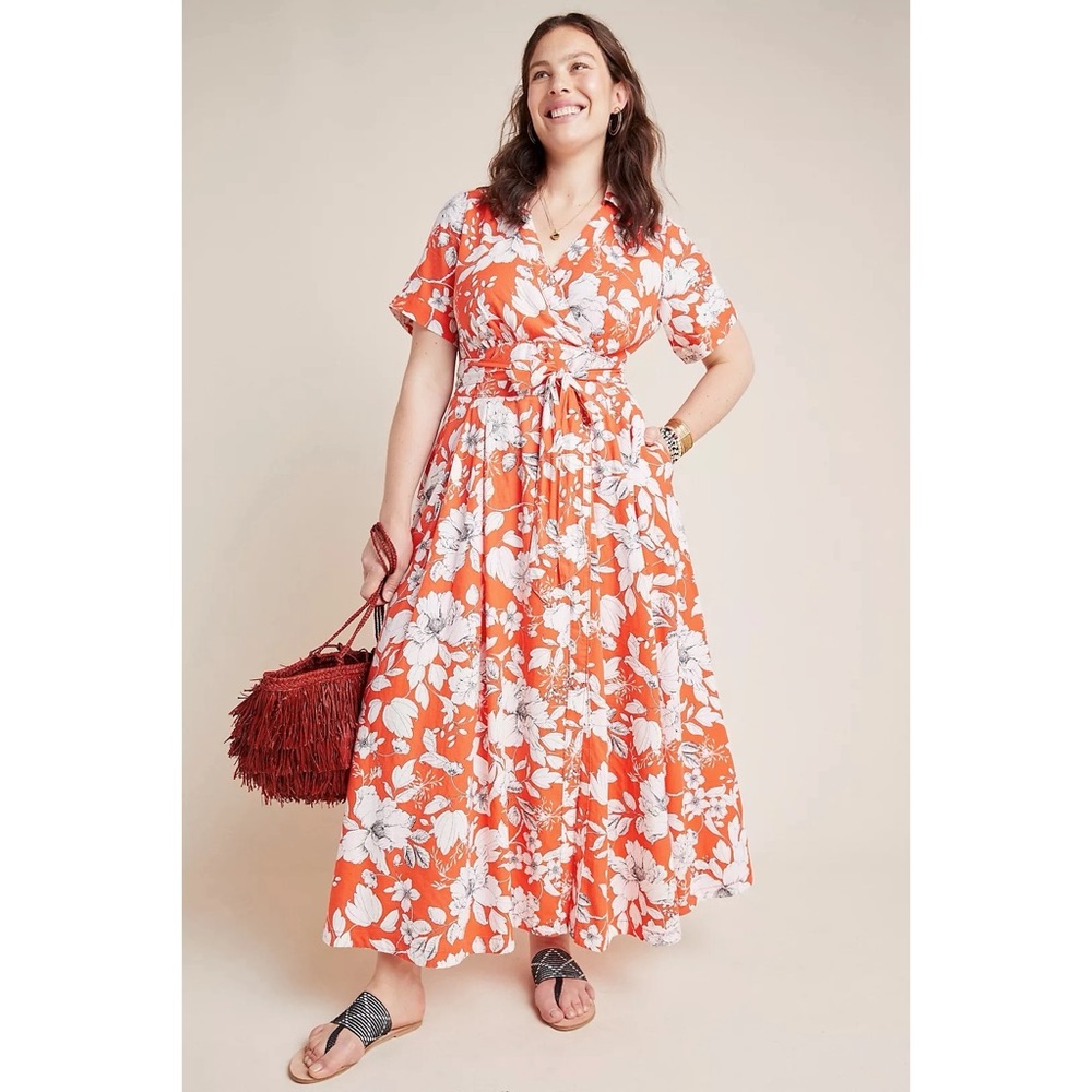 Maeve Janae Floral Maxi Shirtdress Orange 22W